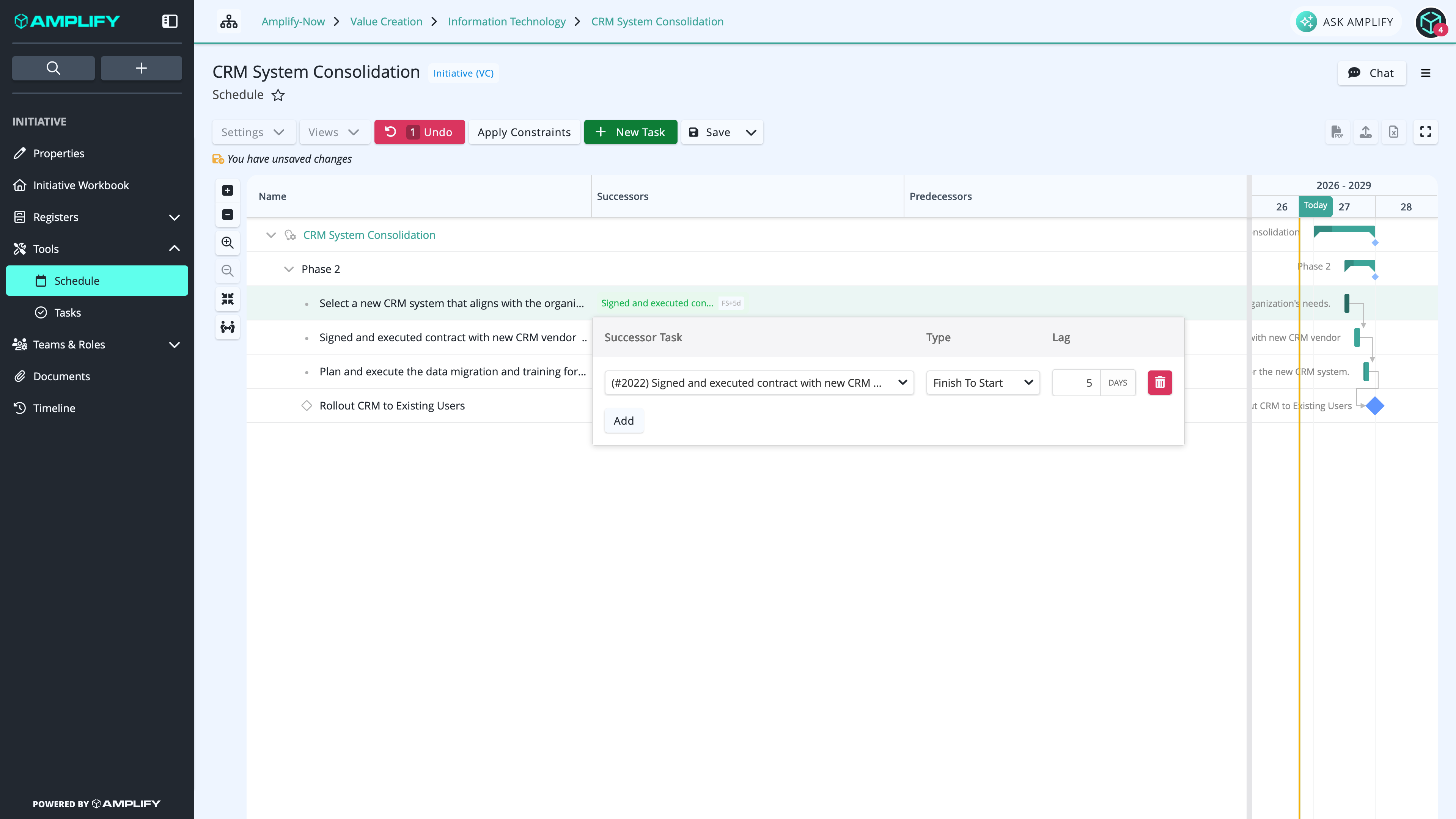 A task dependency in the schedule with a lag value entered between a predecessor task and its successor task.