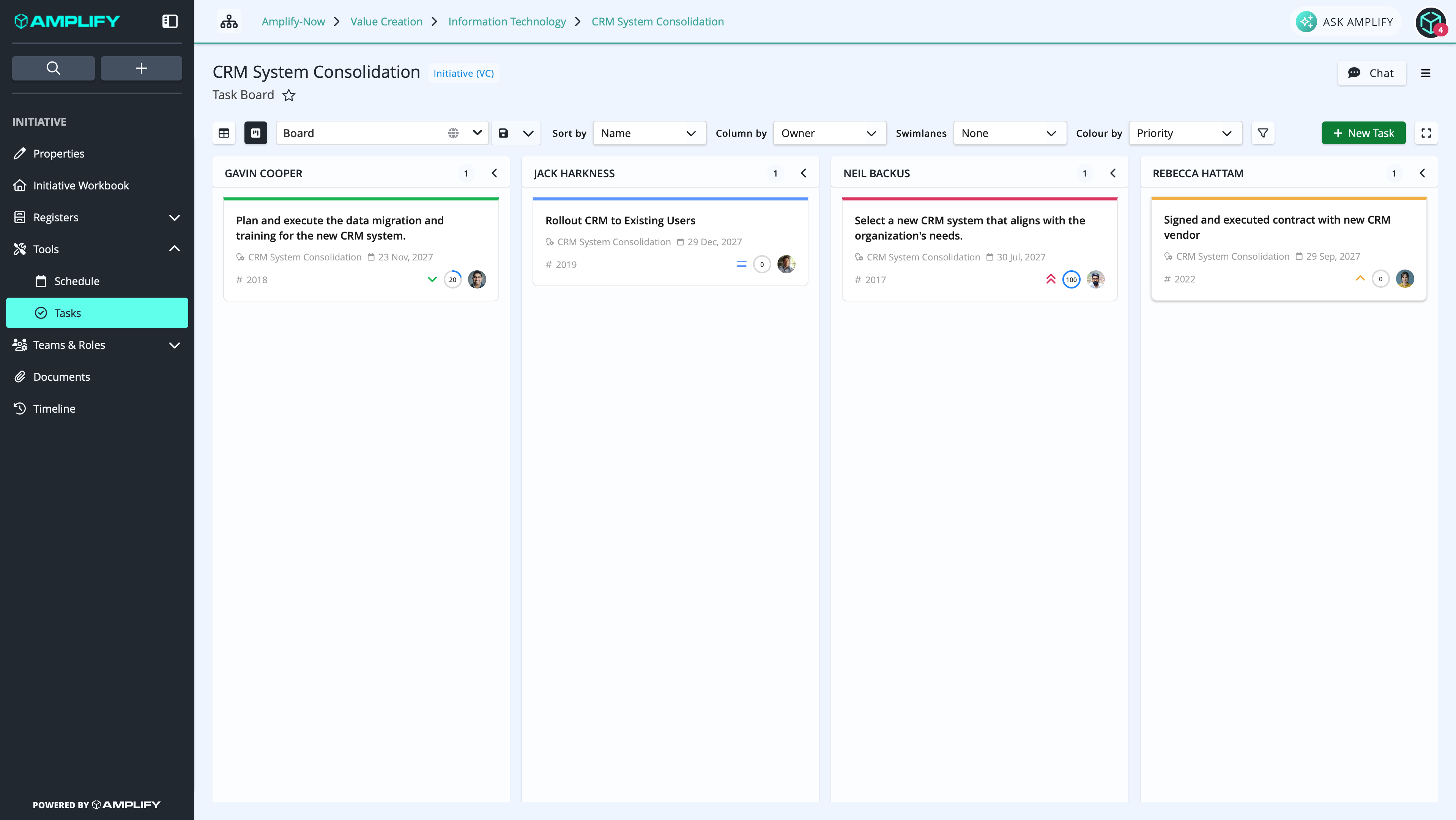 The new Task Board showing task cards arranged in columns by status.